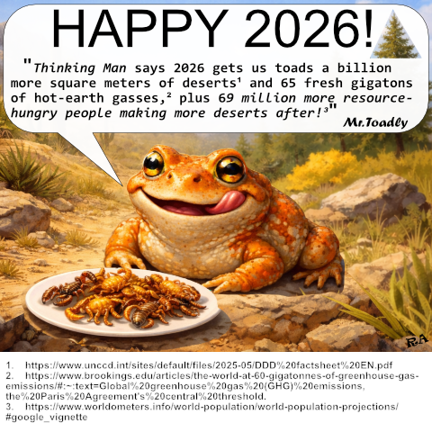 Cartoon character Mr. Toadly (a toad) happily sits down to a steaming meal of scorpions. Mr. Toadly wishes us humans a Happy 2026 New Year. Why? Because human-imposed New Year 2026 green risks include more desertification, more hot-earth gas emissions, and 69 million additional humans. Mr. Toadly happily expects 2026 to bring toads more toad-supporting deserts!